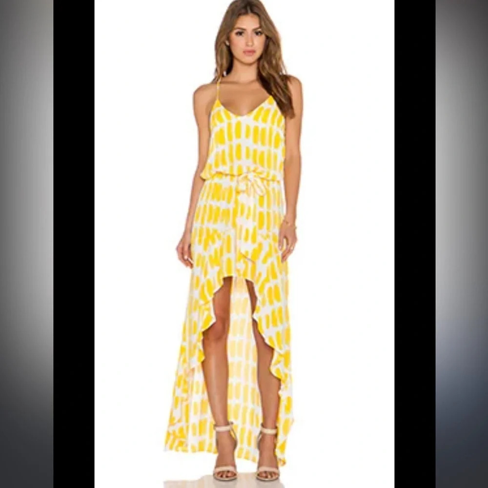 REVOLVE Yellow & White Asymmetrical High-Low Maxi Dress with Tie Waist